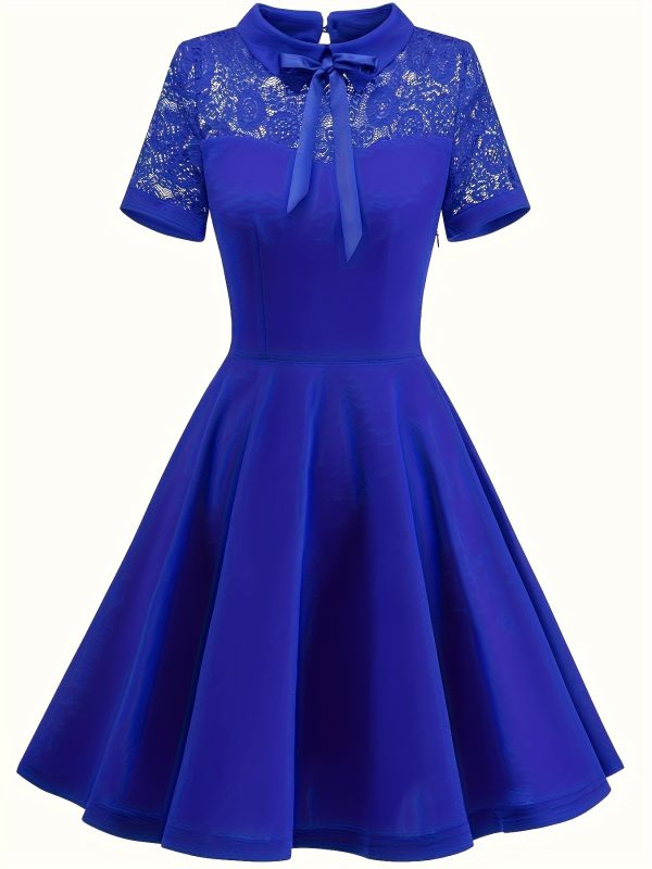 Elegant Royal Blue Bridesmaid Dress with Lace Overlay and Bow Detail, Short Sleeve, Polyester Blend, Lapel Collar, Solid Color, A-Line Midi Dress for Adults - Middle Eastern Style Wedding Party Garment