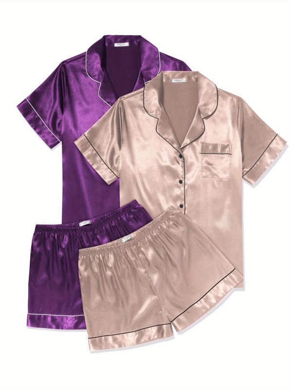 2 Sets Women's Solid Satin Pajamas Set ?Short Sleeve Buttons Lapel Top & Elastic Shorts