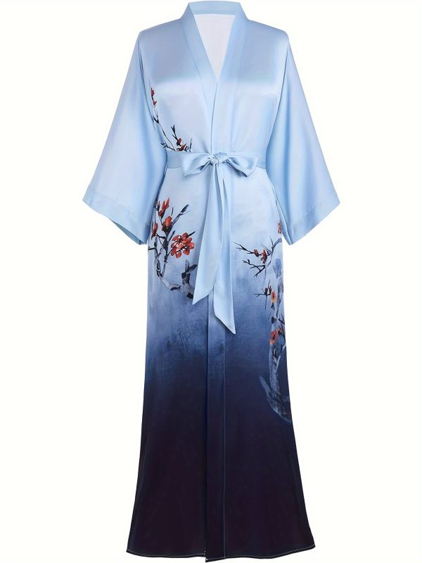 Long Kimono Robe Satin Sleepwear Gradient Watercolor Silky Kimono Nightgown Bathrobe Kimono Blouse Cardigan