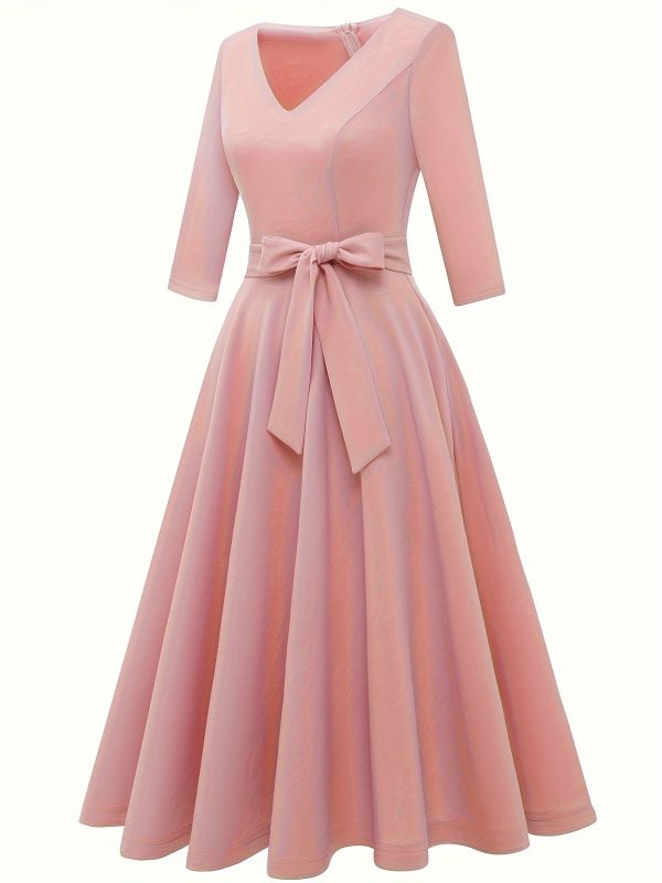 Stunning Bow Waist V Neck Midi Dress - Bridesmaid Dresses with Elegant 3 F4 Sleeve A Line Design, Perfect for Party, Women's Formal Clothing with Flattering Silhouette