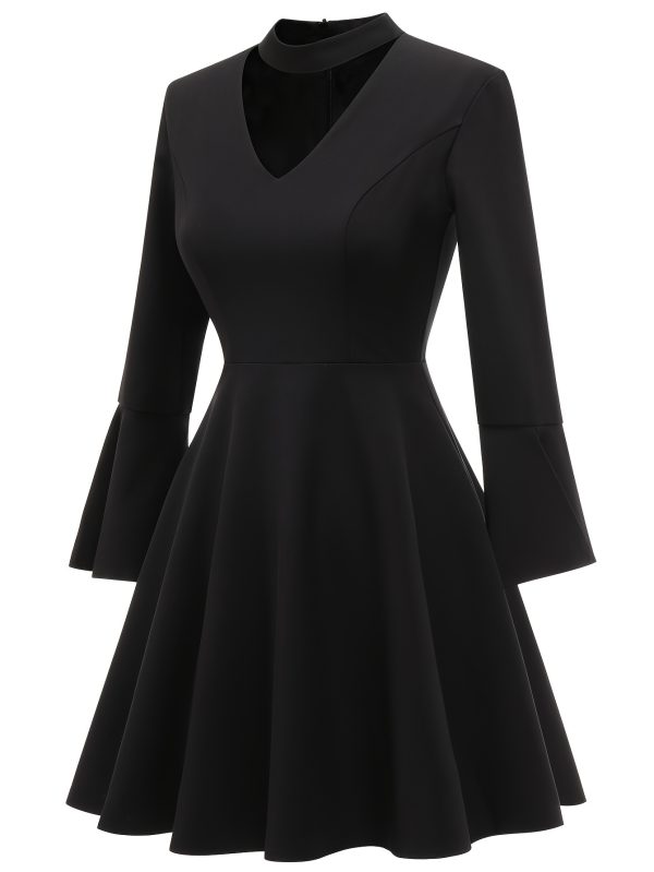 Cut Out Choker Neck A-line Dress, Elegant Solid Color Long Flare Sleeve Dress For Spring & Fall, Women's Clothing