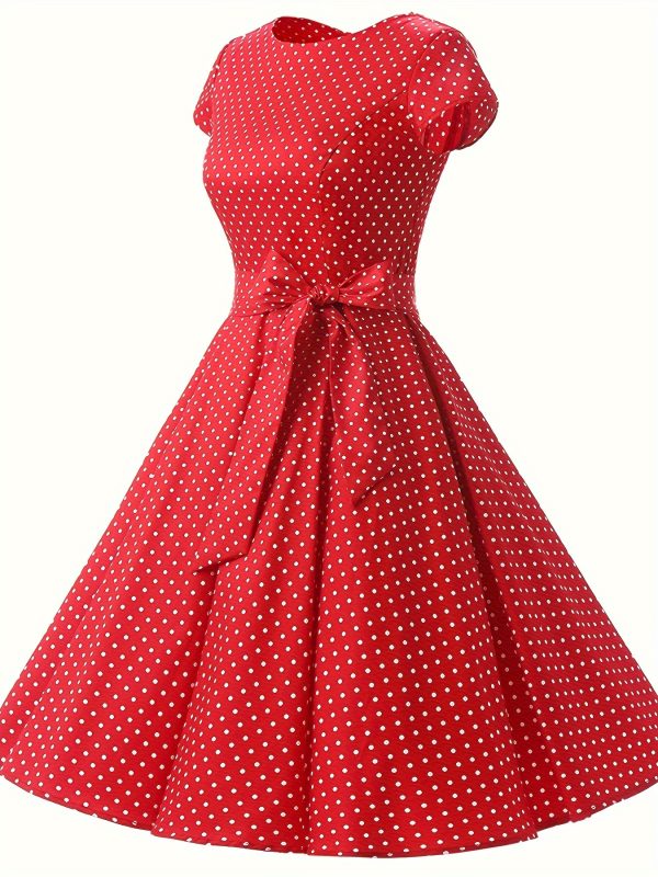 Vintage Flared Dress - Whimsical Polka Dot Print, Elegant Bow Waist, Short Cap Sleeve, Flattering A-Line Silhouette for a Feminine Fit, Designed for Women Who Love Vintage Fashion