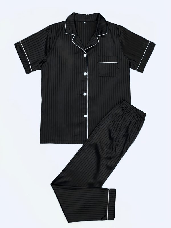 Men's Soft Comfortable Pajama Sets With Pocket, Button Striped Short Sleeve Top & Pants, Men's Sleepwear Loungewear