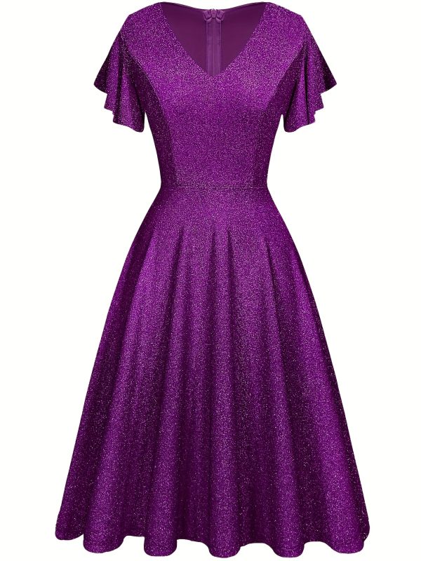 Glitter V Neck Cinched Waist Dress, Elegant Ruffle Sleeve Dress For Evening Party, Women's Clothing