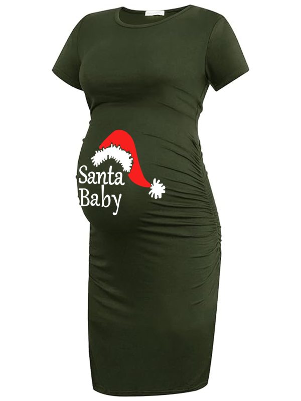 Women's Maternity Christmas Hat Print Dress Short Sleeve Dress For Summer, Pregnant Women's Clothing