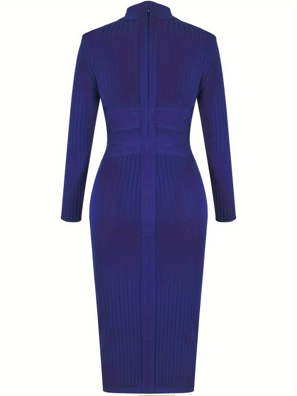 Women's Long Sleeves Cross Strap Ribbed Club Party Midi Bodycon Bandage Dress